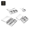 Stainless steel divided trays with lids, in multiple sizes and compartment layouts.
