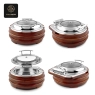 Four-panel view showing the round chafing dish from different angles.