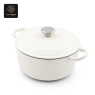 A white enamel cast iron dutch oven with a lid and a metal knob.