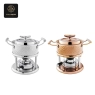 Two complete fondue sets: one silver and one copper, both with hammered pots and burners.