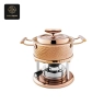 Two complete fondue sets: one silver and one copper, both with hammered pots and burners.