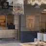 A restaurant section showcasing a rattan counter, decorative wall art, and unique light fixtures.
