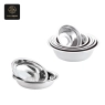 Stainless steel mixing bowls and serving platters nested together.