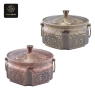 A pair of hexagonal bronze chafing dishes, one lighter and one darker, with 