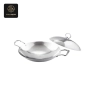 A silver hammered serving pan with two handles and its loop-handled lid, on white.