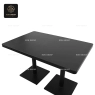 An oval-shaped table with a white top and a black double-pedestal base.