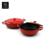 Here are two vivid red, oval enamel cast iron pots, one presented open and the other closed.