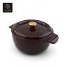 A dark red enamel cast iron dutch oven with a gold knob and 'Success' embossing.