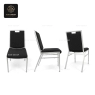 Three views of a black fabric conference chair with a silver frame.
