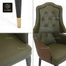 Detailed views of a dark green high-back armchair's legs, tufted back, and seat.