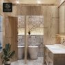 A stylish washroom with patterned wall tiles, wooden accents, and modern fixtures.