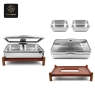 Exploded view of a rectangular chafing dish, showing its individual components.