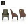 Three views of a dark green high-back armchair with tufted back and patterned brown sides.