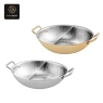 Two divided, hammered oval chafing dishes, one gold and one silver.