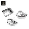 A set of nested square stainless steel trays and a set of mixing bowls.