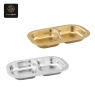 Two two-compartment stainless steel dishes: one in gold, the other silver.