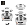 Closed round stainless steel electric chafing dish with a transparent lid.