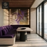 A contemporary dining room with a large purple sofa and a unique table by floor-to-ceiling windows.