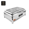 Side angle of the electric chafing dish, highlighting its modern design, clear lid, and integrated handle.