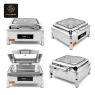 Front view of the stainless steel electric chafing dish with its digital display.