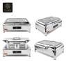 Four views of the stainless steel electric chafing dish, showing it closed, open, and from various angles.