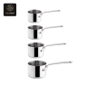 Four identical stainless steel saucepans, each with a long handle, stacked vertically.