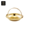 A golden hot pot with a smooth gold interior and a large handle.