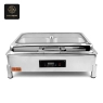 Shows the electric chafing dish assembled and disassembled, including separate food pans and power cord.