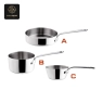 Three stainless steel saucepans, sizes A, B, and C, with long handles.