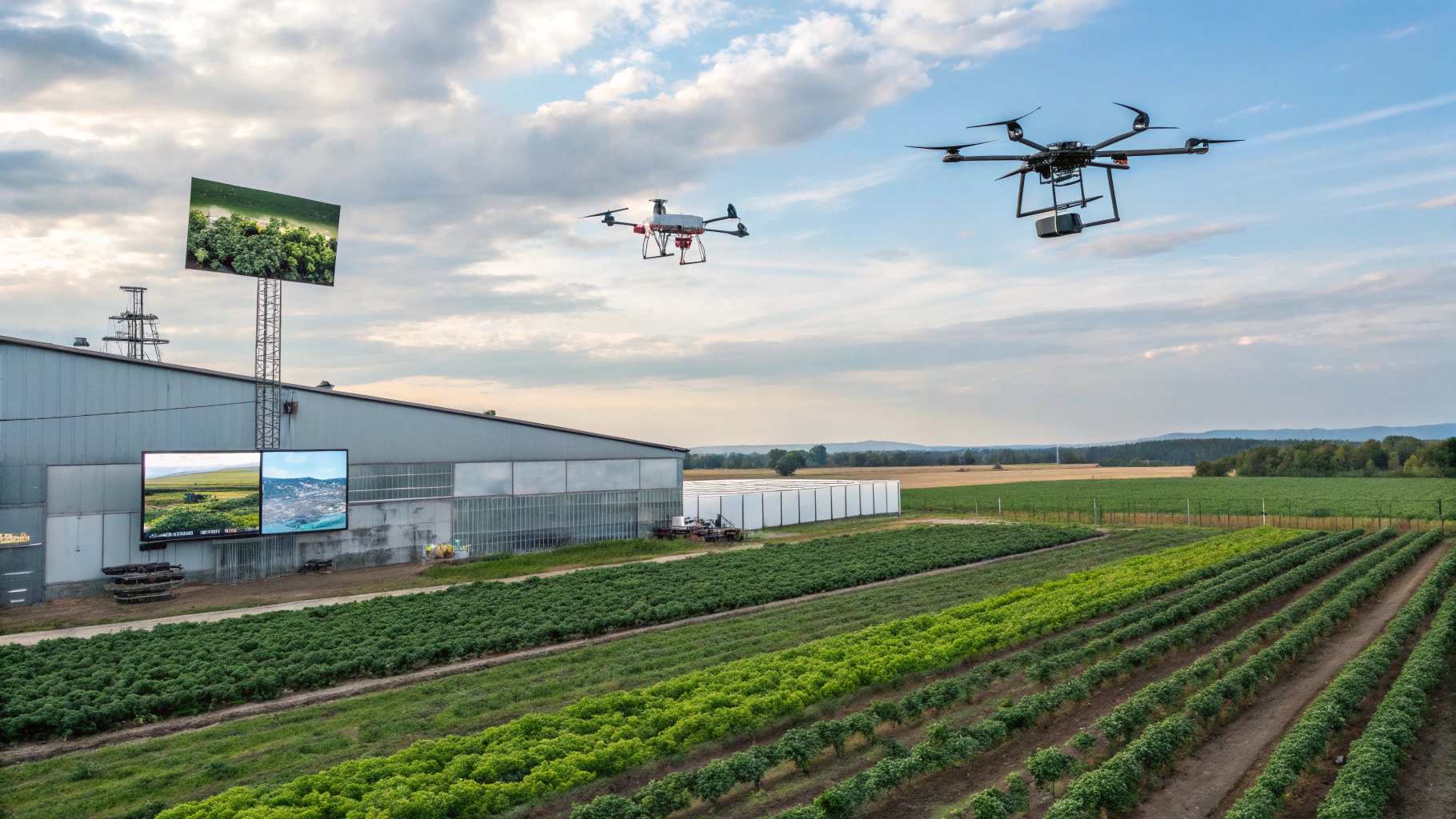 Two agricultural drones fly over neat rows of crops beside a large farm building with digital display screens, showcasing smart farming and precision agriculture technology under a cloudy sky.