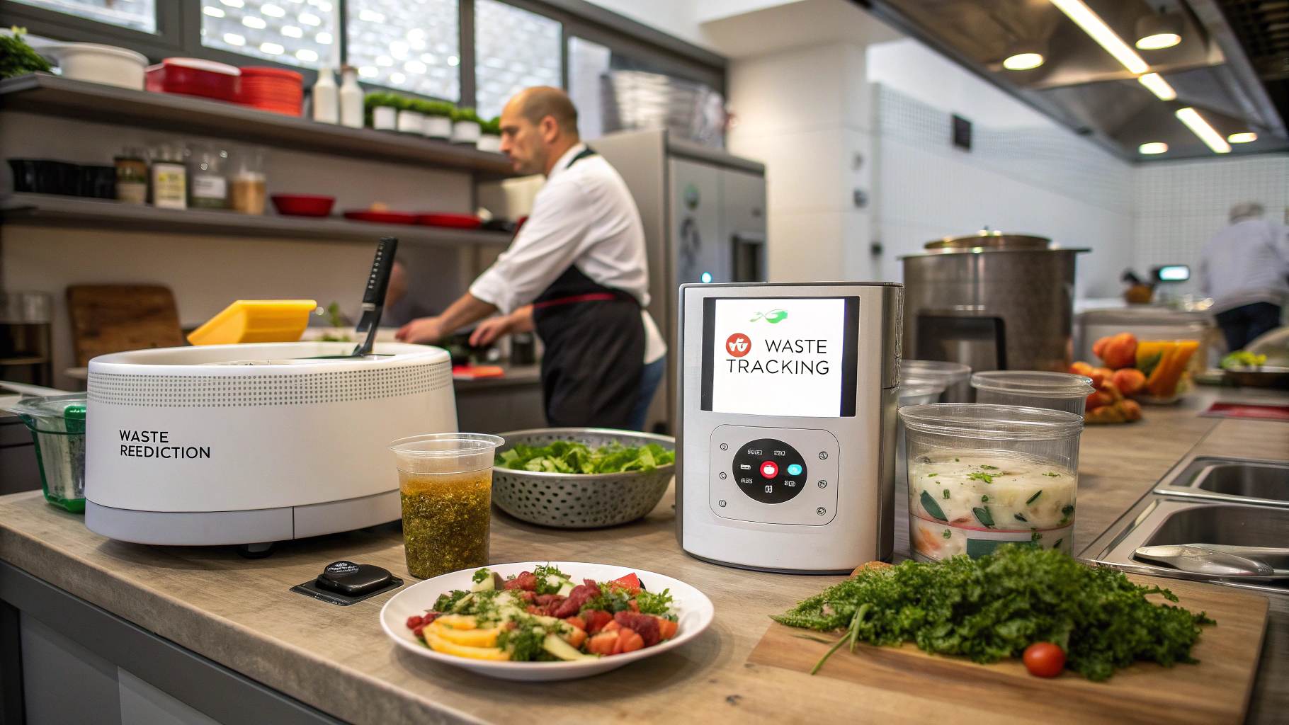 Restaurant kitchen counter with smart waste tracking devices and labeled “waste reduction” equipment, surrounded by fresh ingredients, while a chef preps food in the background.