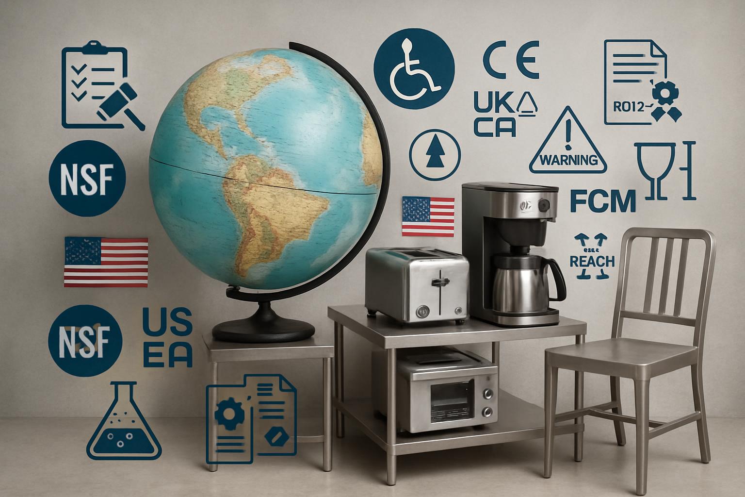 Stainless coffee station and globe with icons (NSF, CE, UKCA, ADA, REACH, FCM) illustrating global safety, sanitation, and accessibility compliance for kitchen equipment. Stainless coffee station and globe with icons (NSF, CE, UKCA, ADA, REACH, FCM) illustrating global safety, sanitation, and accessibility compliance for kitchen equipment.