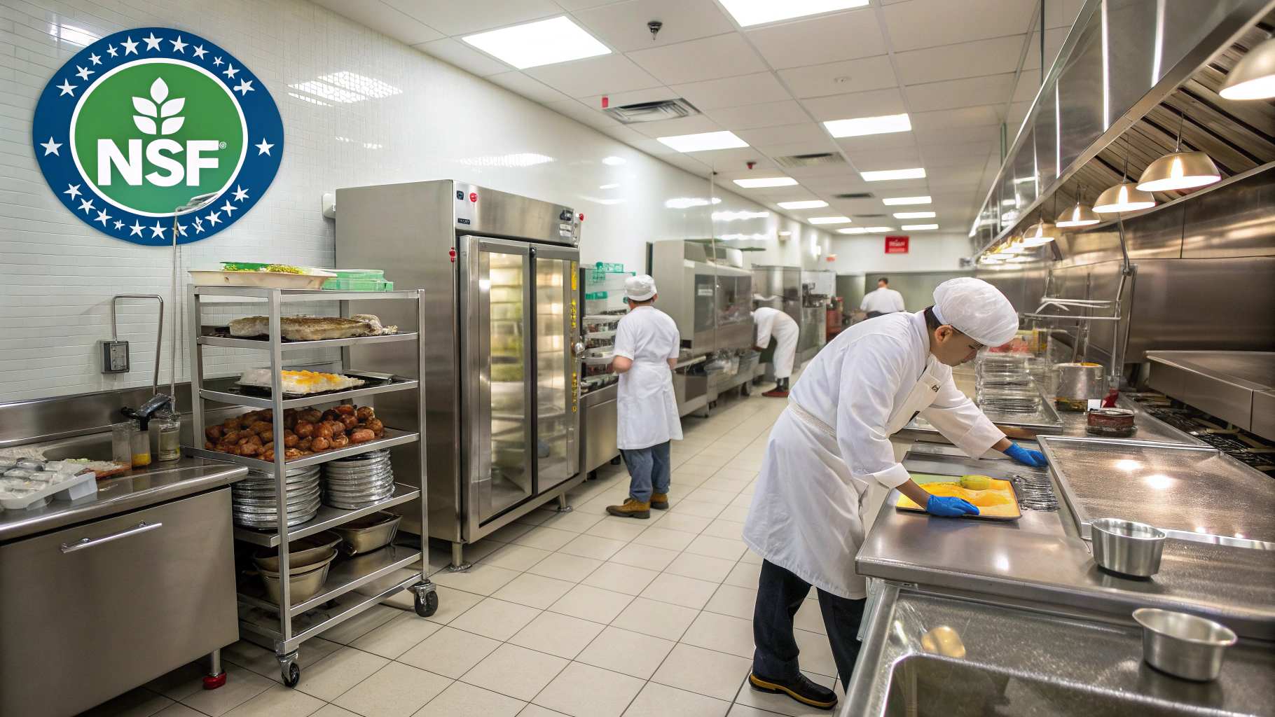 NSF-certified commercial kitchen: chefs in white coats prep food at stainless stations beside refrigerators and ovens, emphasizing sanitation, safety, and professional workflow. NSF-certified commercial kitchen: chefs in white coats prep food at stainless stations beside refrigerators and ovens, emphasizing sanitation, safety, and professional workflow.