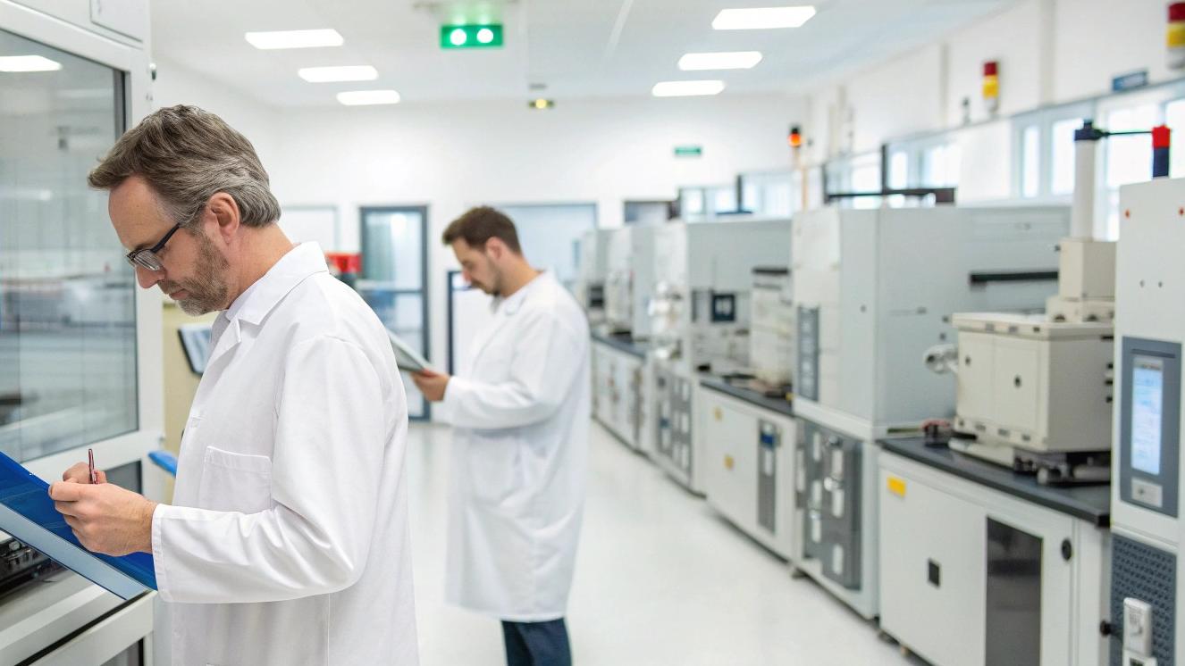 Two lab technicians in white coats record data in a bright testing facility lined with advanced machines, highlighting quality control, safety validation, and compliance checks. Two lab technicians in white coats record data in a bright testing facility lined with advanced machines, highlighting quality control, safety validation, and compliance checks.