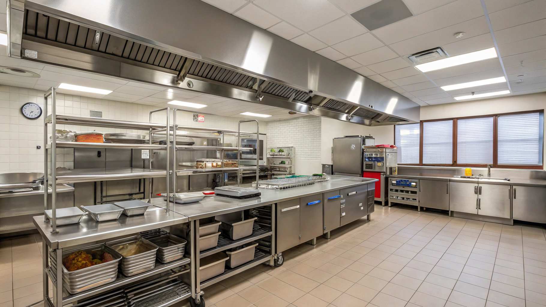 Spacious commercial kitchen with stainless steel worktables, shelving, undercounter refrigeration, large ventilation hoods, tiled floors, and ample prep space under bright ceiling lights.