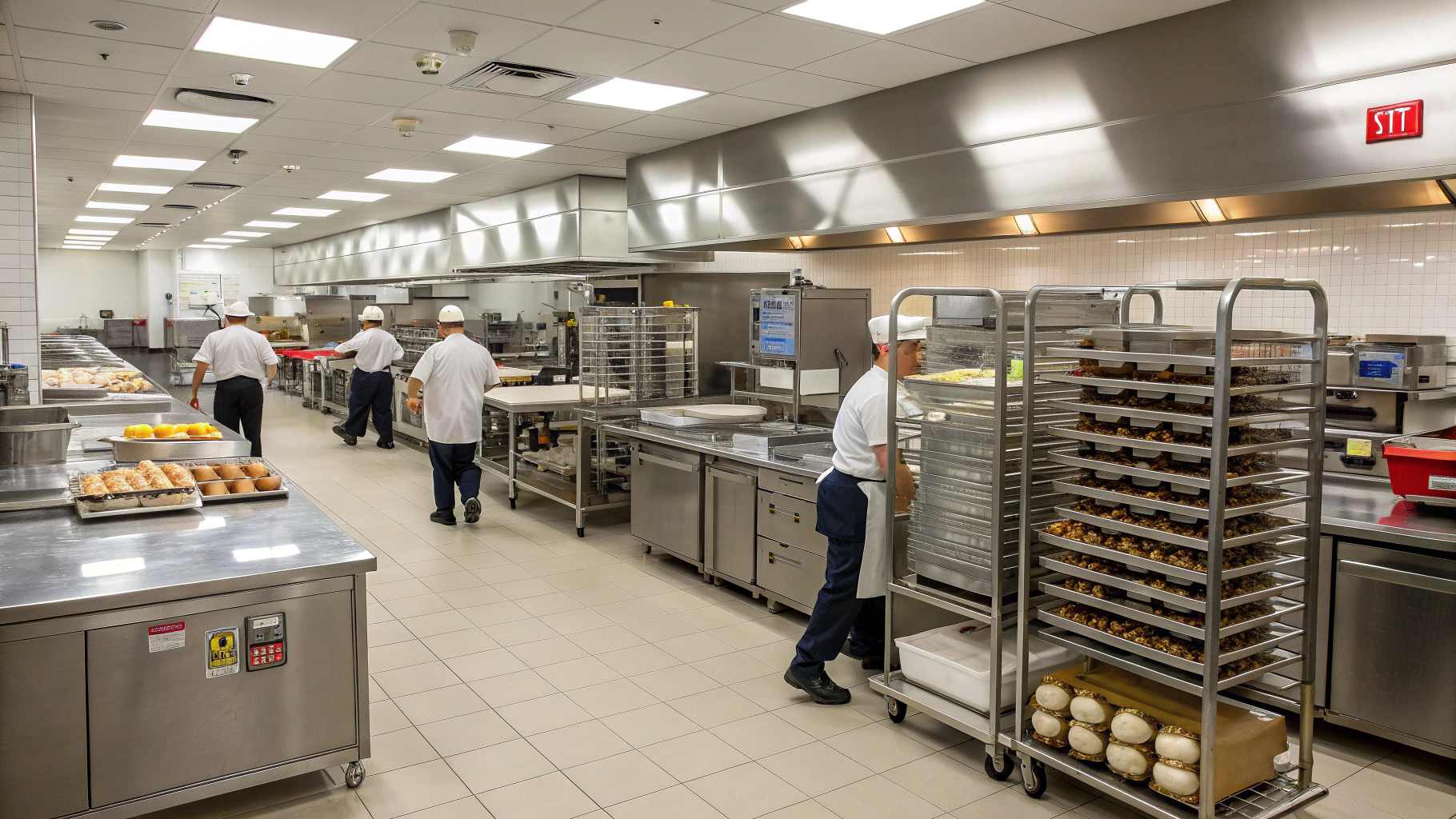 Busy commercial kitchen with staff in uniforms moving between stainless steel prep stations, large ventilation hoods, rolling sheet‑pan racks, and bright overhead lighting.