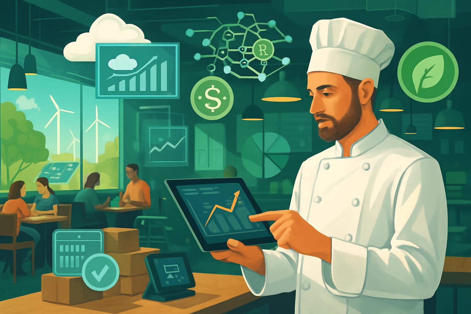 Chef in a modern restaurant uses a tablet to track sales and inventory, surrounded by icons for cloud data, blockchain, finance, and sustainability, with guests dining in the background.