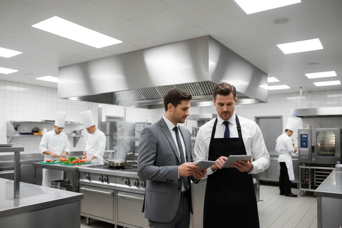 Hotel manager and chef reviewing data on tablets in a stainless steel commercial kitchen while line cooks prepare food at the stoves in the background.