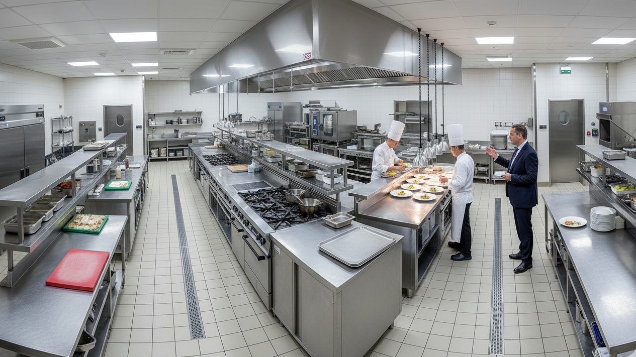 Wide-angle view of a professional hotel kitchen with two chefs plating dishes at the pass while a manager in a suit reviews the food.