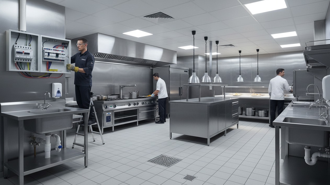 Electrician servicing distribution panels while chefs work in a stainless-steel commercial kitchen with floor drains and task lighting.