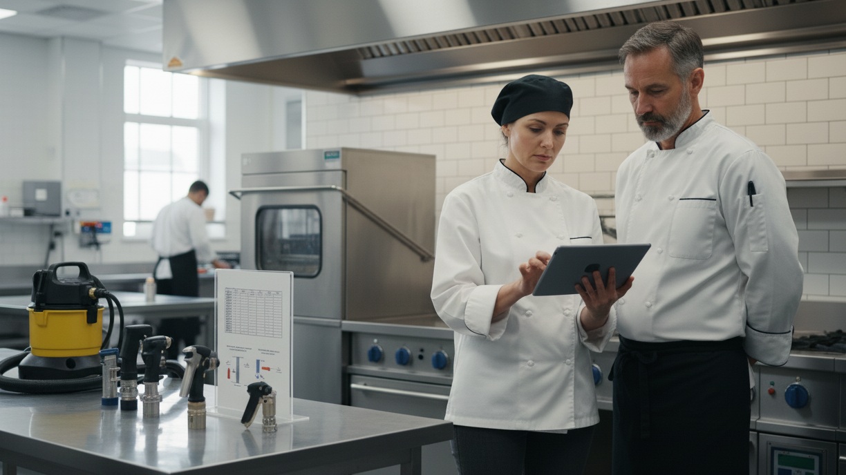Two chefs in a commercial kitchen reviewing information on a tablet, standing behind a stainless steel table displaying various pre-rinse spray valves, cleaning nozzles, and a yellow industrial vacuum.
