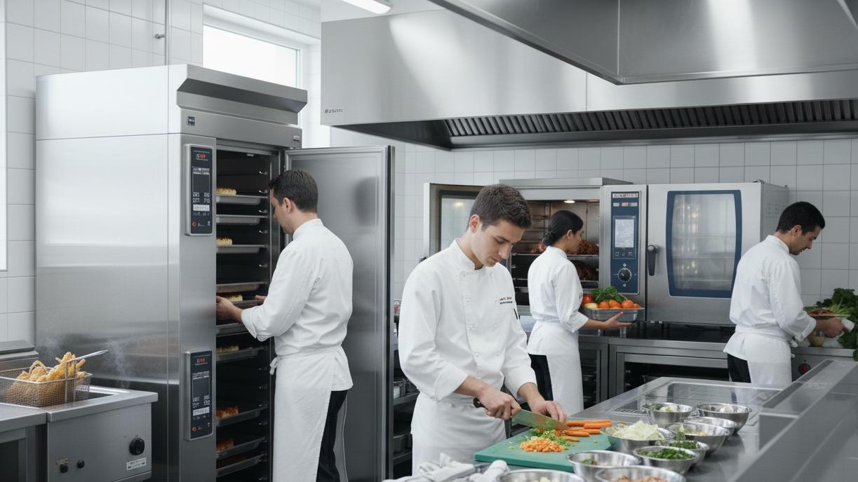 Team of professional chefs working in a tiled commercial kitchen, chopping vegetables at a stainless steel prep station and operating large digital combi ovens and holding cabinets.