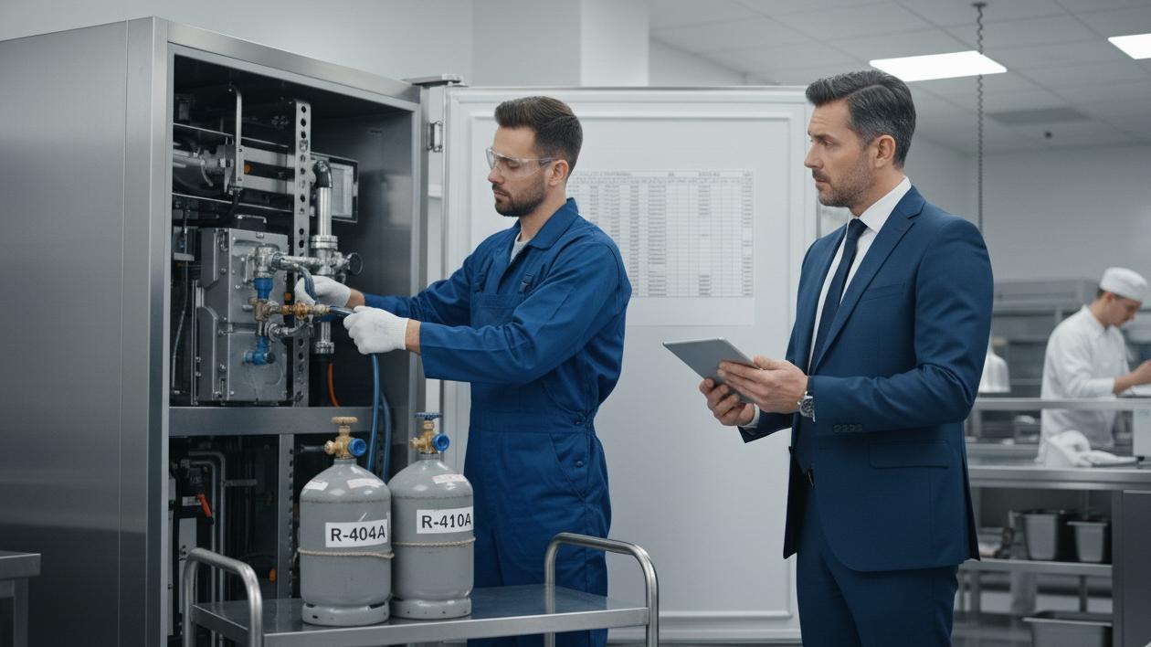 Facility manager overseeing professional equipment repair and compliance checks, with a specialist technician installing  R-404A and R-410A refrigerant tanks in a commercial setting.