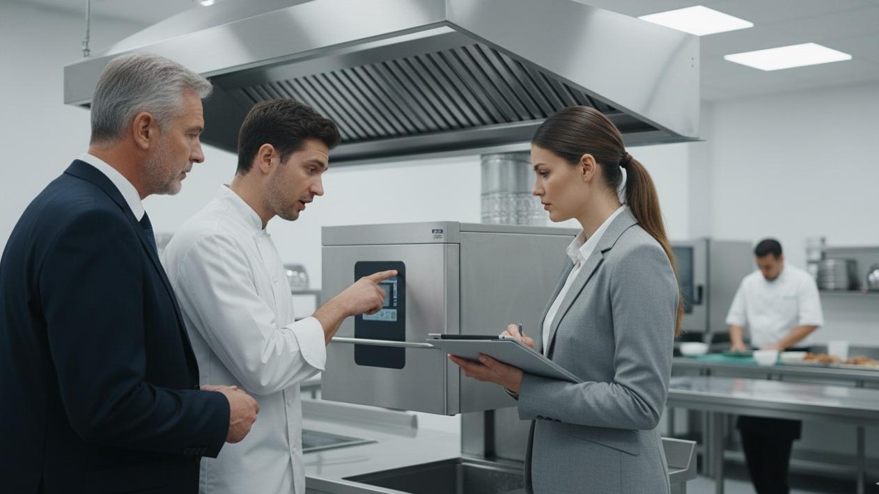 Chef pointing at commercial oven display panel while discussing features with a business executive and a manager taking notes on a tablet in a professional kitchen.
