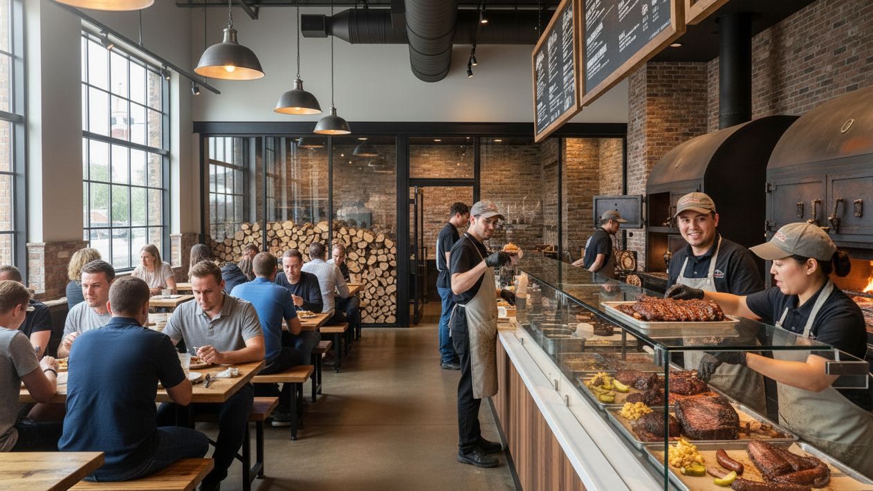 "Open-concept BBQ restaurant interior with glass partition walls, wood storage decor, and a service counter displaying smoked meats."