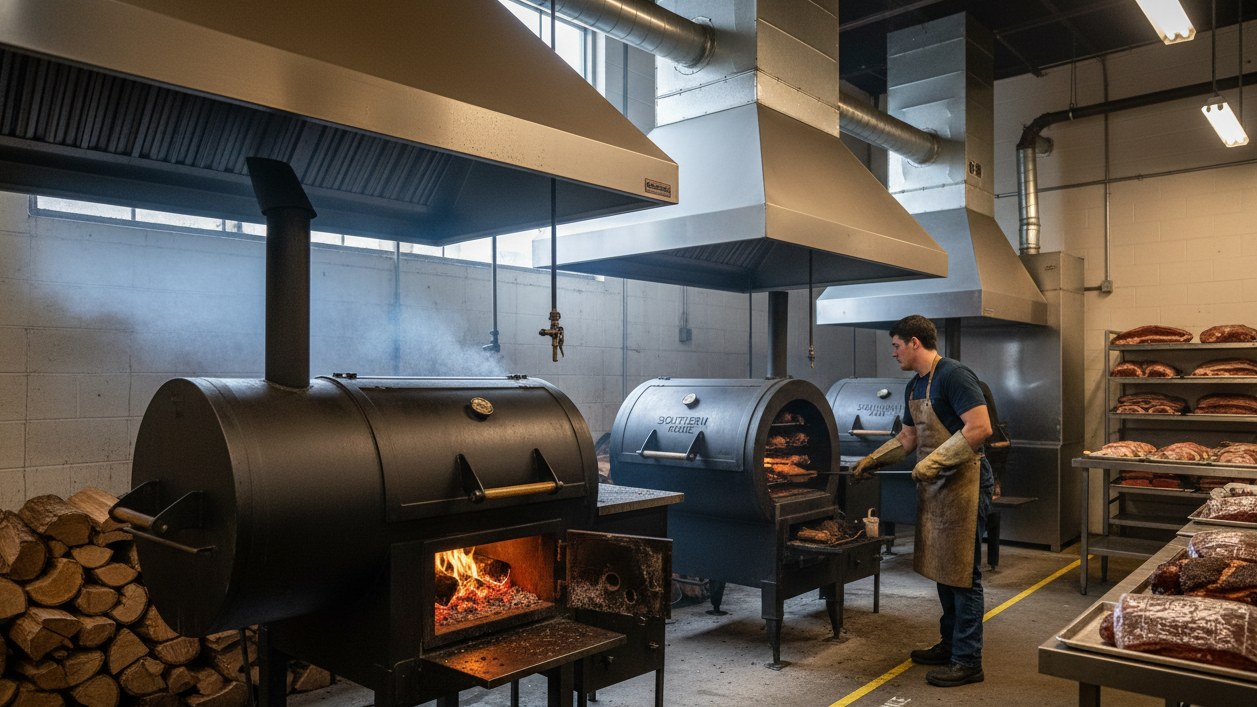 Industrial smoker room featuring large offset charcoal smokers with fireboxes and ventilation hoods for commercial BBQ restaurants.