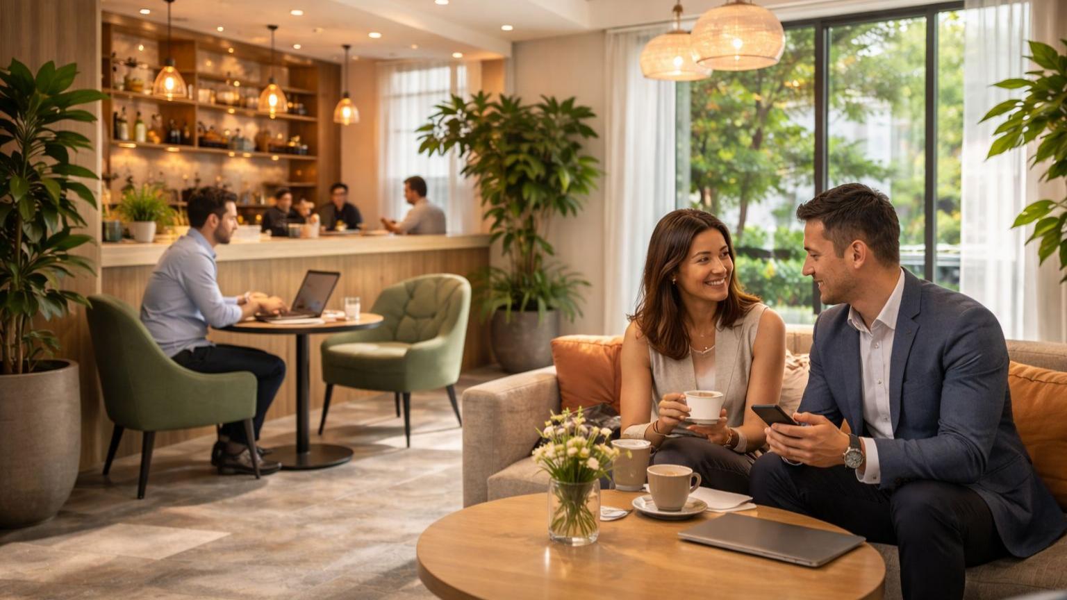 Modern luxury hotel lobby lounge with warm lighting plush seating areas and contemporary circular chandeliers for guest relaxation