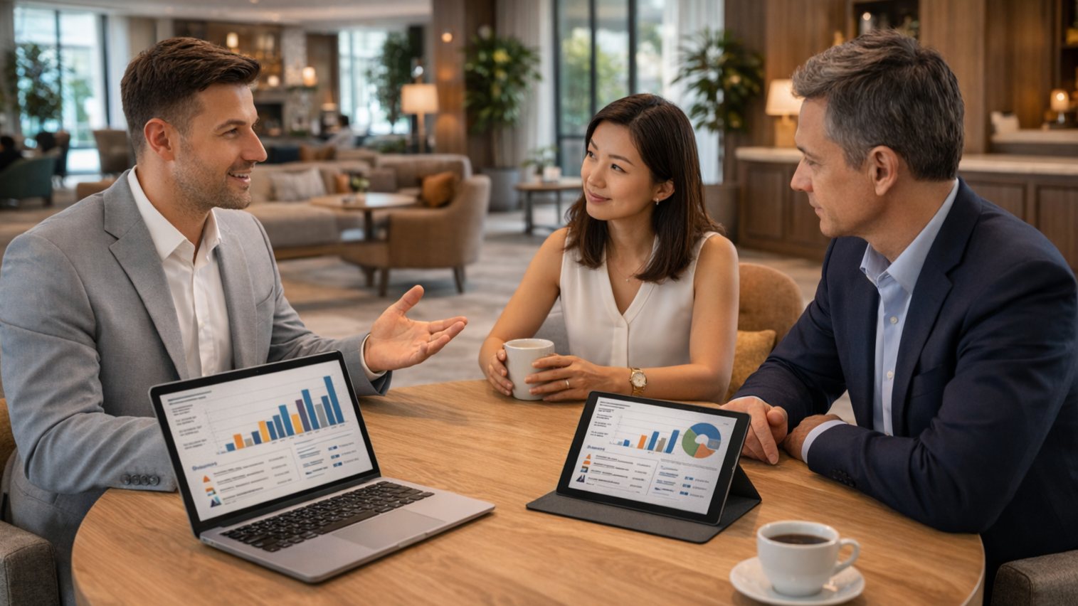 Professional business meeting in hotel lounge with colleagues analyzing data on laptop and tablet during casual coffee discussion