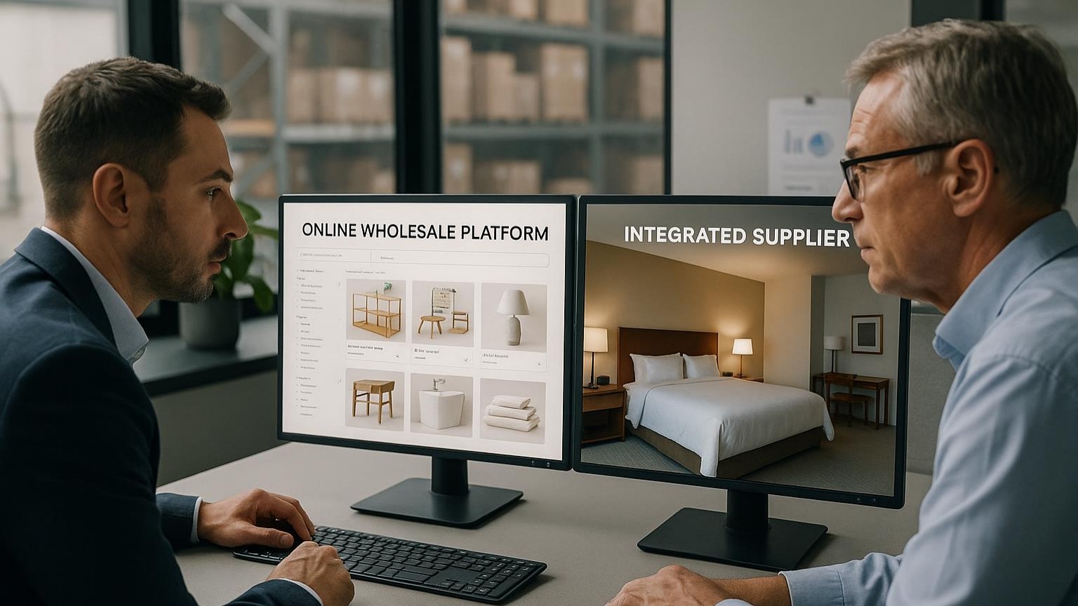 Businessmen analyzing sourcing options on computer screens: one showing an online wholesale platform with product listings, the other showing an integrated supplier's completed hotel room design.