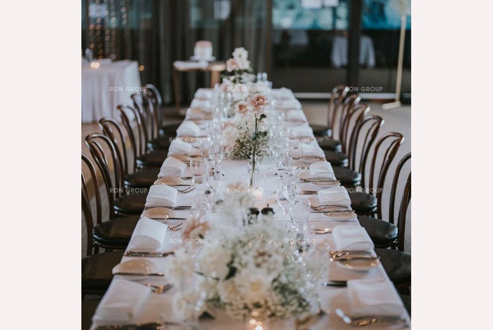 RON GROUP Optimized Event Space Furniture Layout Long banquet table wedding reception layout with RON GROUP bentwood chairs